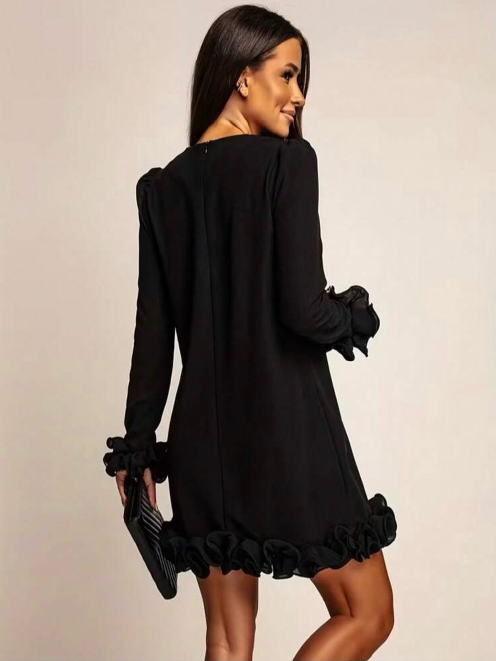 Black Long-Sleeve Ruffle Hem Dress
